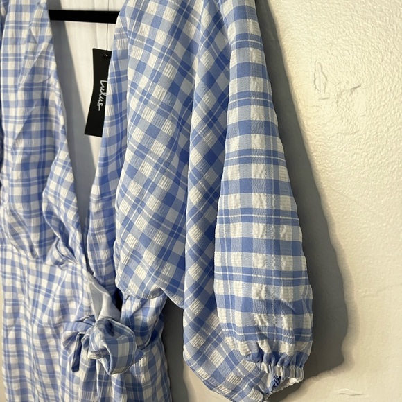 Lulus Coquette Blue and White Plaid Puff Sleeve Wrap Mini Dress XL - Picture 6 of 10